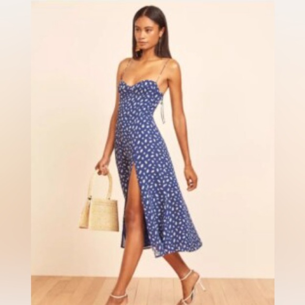 Reformation Navy and Cream Midi Dress